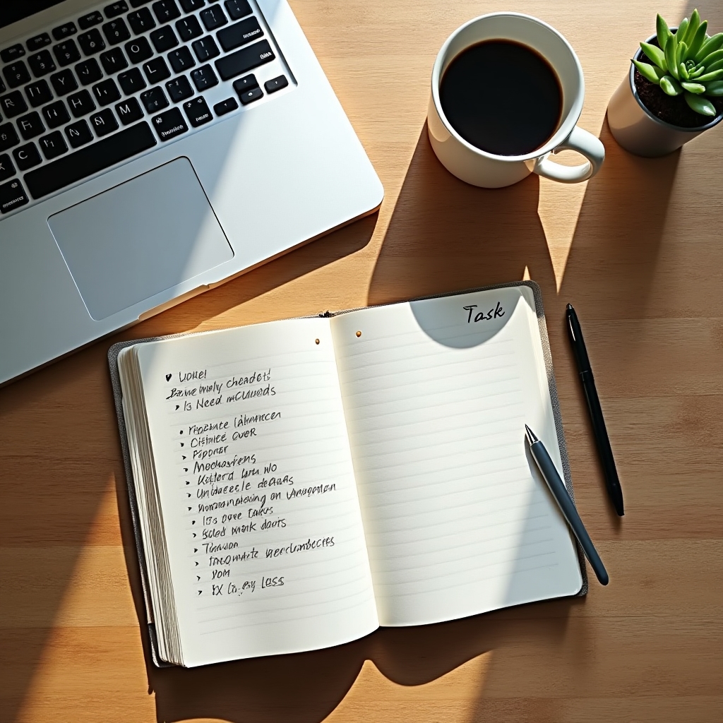 Handwritten notes and a laptop on a desk mapping out a business automation checklist