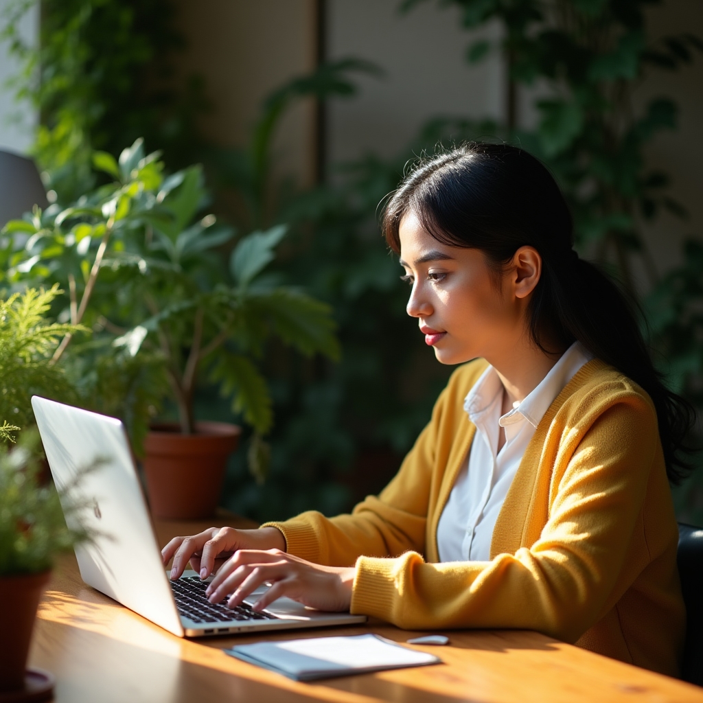 Small business owner reviewing an automated workflow on a laptop at a wooden desk