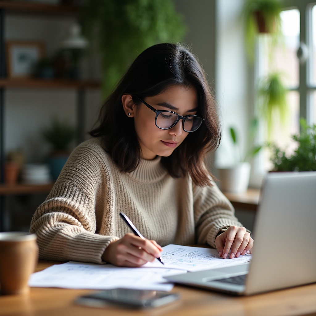 Person reading printed notes about automation workflows next to a laptop and coffee cup
