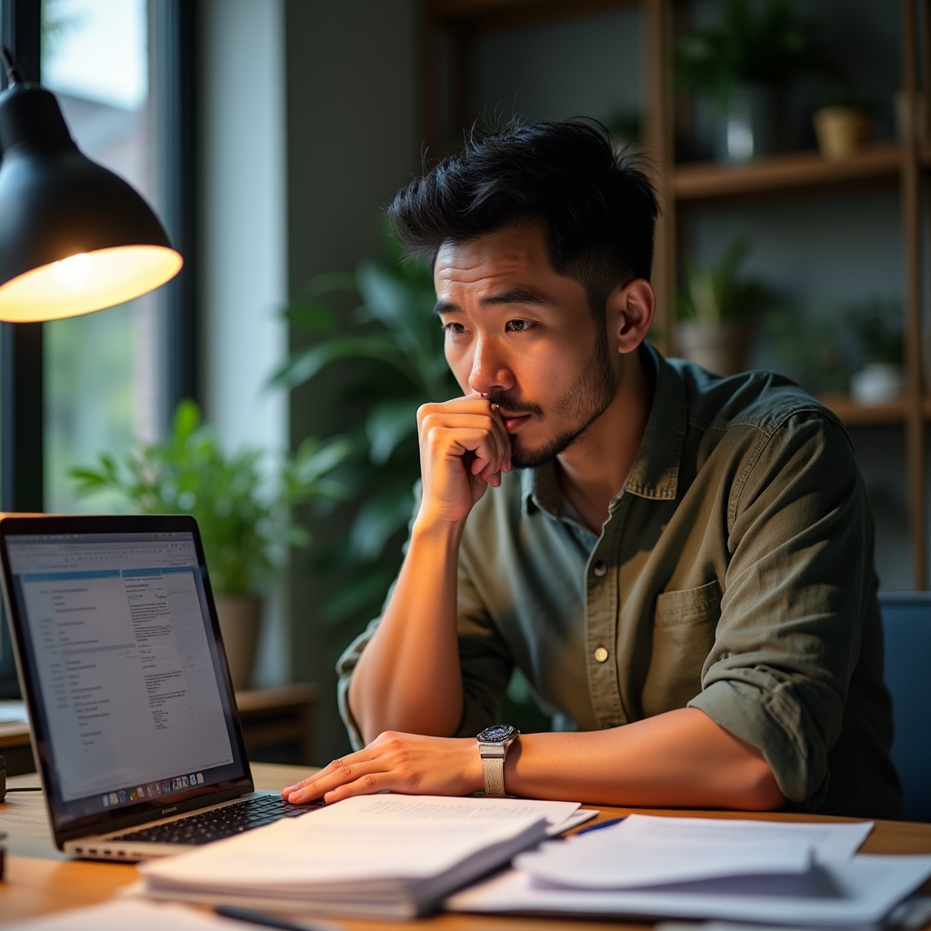 Small business owner sitting at a desk reviewing which repetitive tasks might be automated