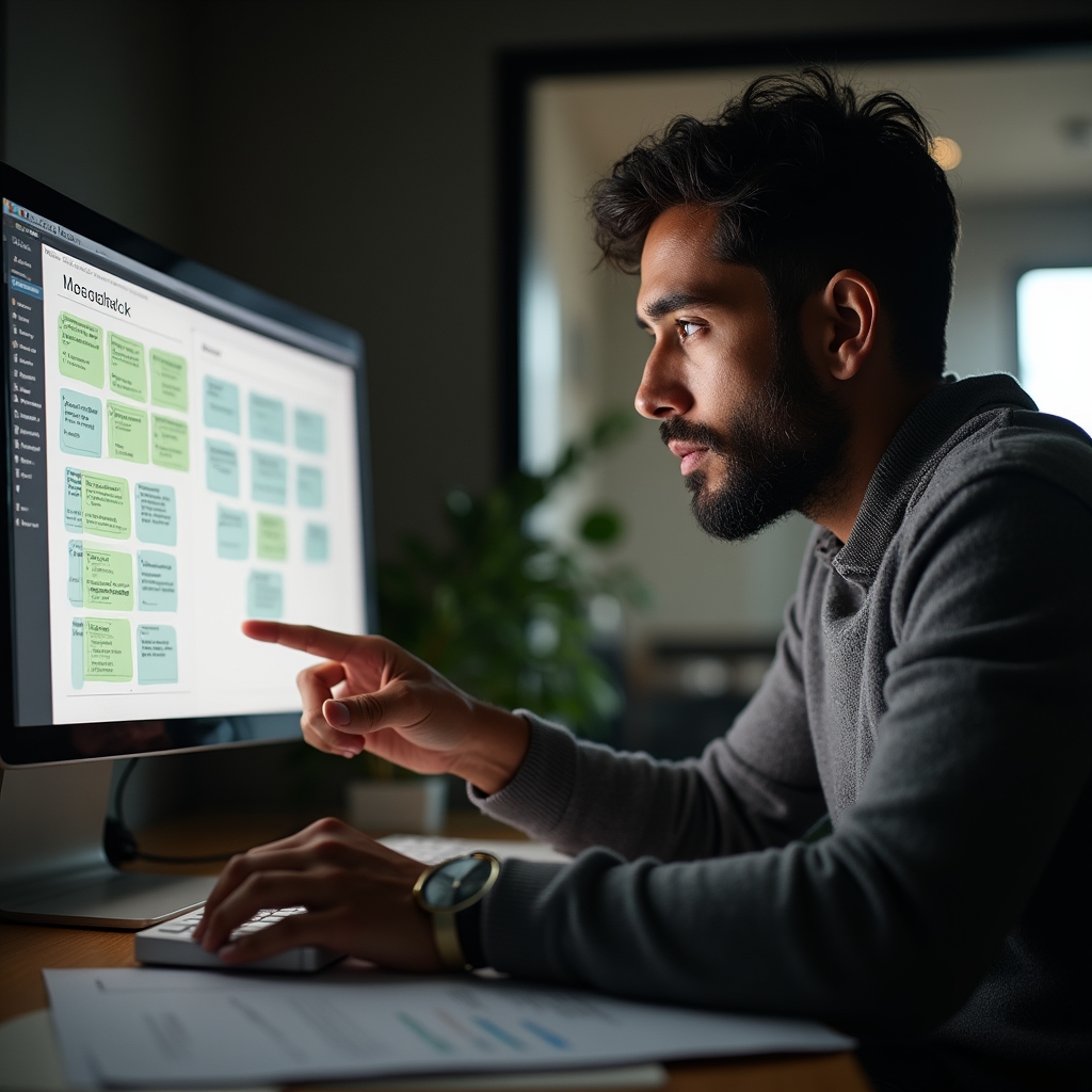 Person reviewing a spreadsheet on a monitor next to an automation workflow diagram