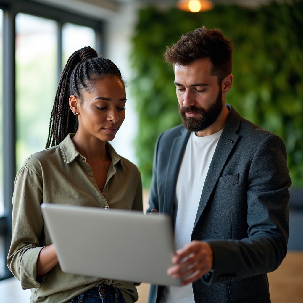 Two colleagues in a plant-filled office discussing an automation workflow on a laptop