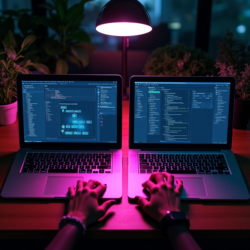 Two laptop screens on a desk comparing Zapier and Make automation interfaces